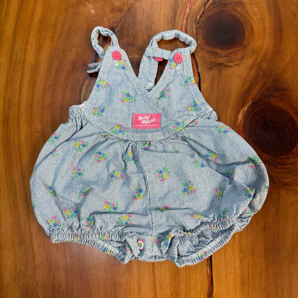Vintage Oshkosh Overalls Denim 12M Cotton USA Floral Short Shortalls Bubble YY14